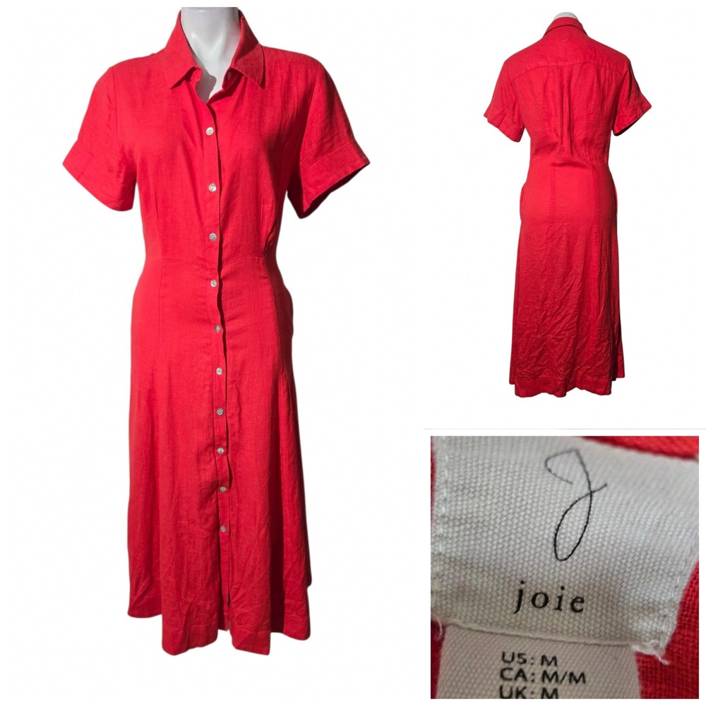 Joie Shirt Dress Linen Blend Button Front Short Sleeve Midi Size M
